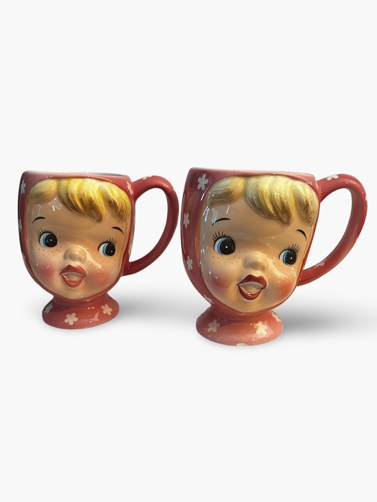 Napcoware Other - Vintage Napcoware Anthropomorphic Girl Face Mug Set 2 Japan Kitschy Ceramic Cups
